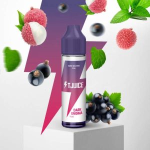 Flacon 50ml du e-liquide Dark Enigma de TJuice – saveur complexe aux fruits rouges, épices et fraîcheur, sans nicotine.