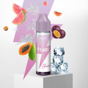 Flacon du e-liquide Icy Paradise 50ml par TJuice : design tropical et rafraîchissant avec illustrations de goyave, fruit de la passion et effet givré.