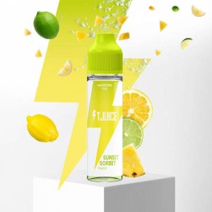 Flacon 50ml de Sunset Sorbet TJuice – e-liquide fruité et frais aux notes de citron vert, citron jaune, ananas, sans nicotine.