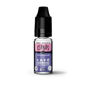 Image du flacon Concentré Café Expresso – VDLV – 10 ml, posé sur un lit de grains de café torréfiés avec en arrière-plan une tasse d’expresso fumant. Un visuel chaleureux et authentique qui évoque la richesse et l’intensité du café fraîchement moulu.