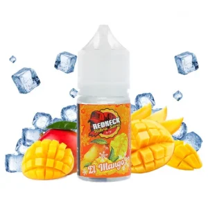 Image du flacon Concentré El Mango – Redneck – 30 ml, entouré de tranches de mangue juteuses et éclatantes, avec quelques glaçons translucides pour symboliser la fraîcheur. Un visuel lumineux et exotique qui évoque l’évasion tropicale.