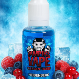 Image du flacon Concentré Heisenberg – Vampire Vape – 30 ml, entouré de baies rouges et bleues, sur un fond givré avec un effet de brume glaciale. Le visuel doit évoquer le mystère, la fraîcheur extrême et le côté iconique de ce concentré.