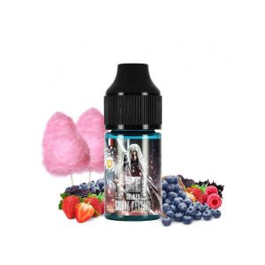 Image du flacon Concentré Soldier – Tribal Fantasy – 30 ml, entouré de myrtilles fraîches, de fruits rouges éclatants et d’un nuage de barbe à papa colorée. Fond vibrant évoquant l’esprit tribal et l’aventure gourmande.