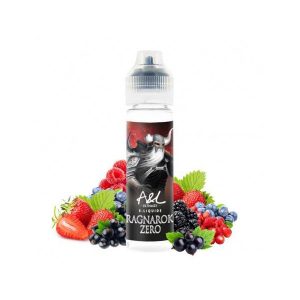 Image du flacon E-liquide Ragnarok Zero – A&L – 50 ml, entouré de fraises fraîches, de raisins juteux et d’un mélange de baies rouges éclatantes, sur fond chaleureux évoquant la gourmandise et l’abondance fruitée.