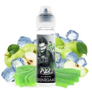 Image du flacon Shinigami – A&L – 50 ml, entouré de pommes vertes croquantes, de glaçons étincelants et d’un fond mystérieux rappelant l’univers japonais. Le visuel doit évoquer à la fois la fraîcheur, la puissance et l’exotisme de ce e-liquide mythique.