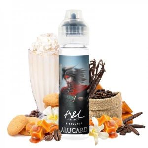 Image du flacon E-liquide Alucard – A&L – 50 ml, entouré d’un milkshake crémeux nappé de caramel, d’un biscuit vanillé chaud et d’une tasse de café au lait mousseux. Le fond doit évoquer la gourmandise et la douceur réconfortante de ce e-liquide.