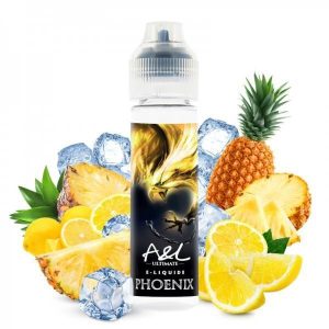 Image du flacon E-liquide Phoenix – A&L – 50 ml, entouré de tranches d’ananas juteux et de quartiers de citron jaune éclatants. Le fond doit évoquer l’énergie, la lumière et la renaissance légendaire du phœnix, tout en mettant en valeur l’exotisme et la fraîcheur fruitée.