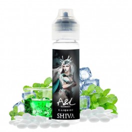 Image du flacon E-liquide Shiva – A&L – 50 ml, entouré de feuilles de menthe fraîche et de glaçons éclatants. Le fond doit évoquer une tempête de glace mystique, soulignant la fraîcheur extrême et la puissance légendaire de ce e-liquide.